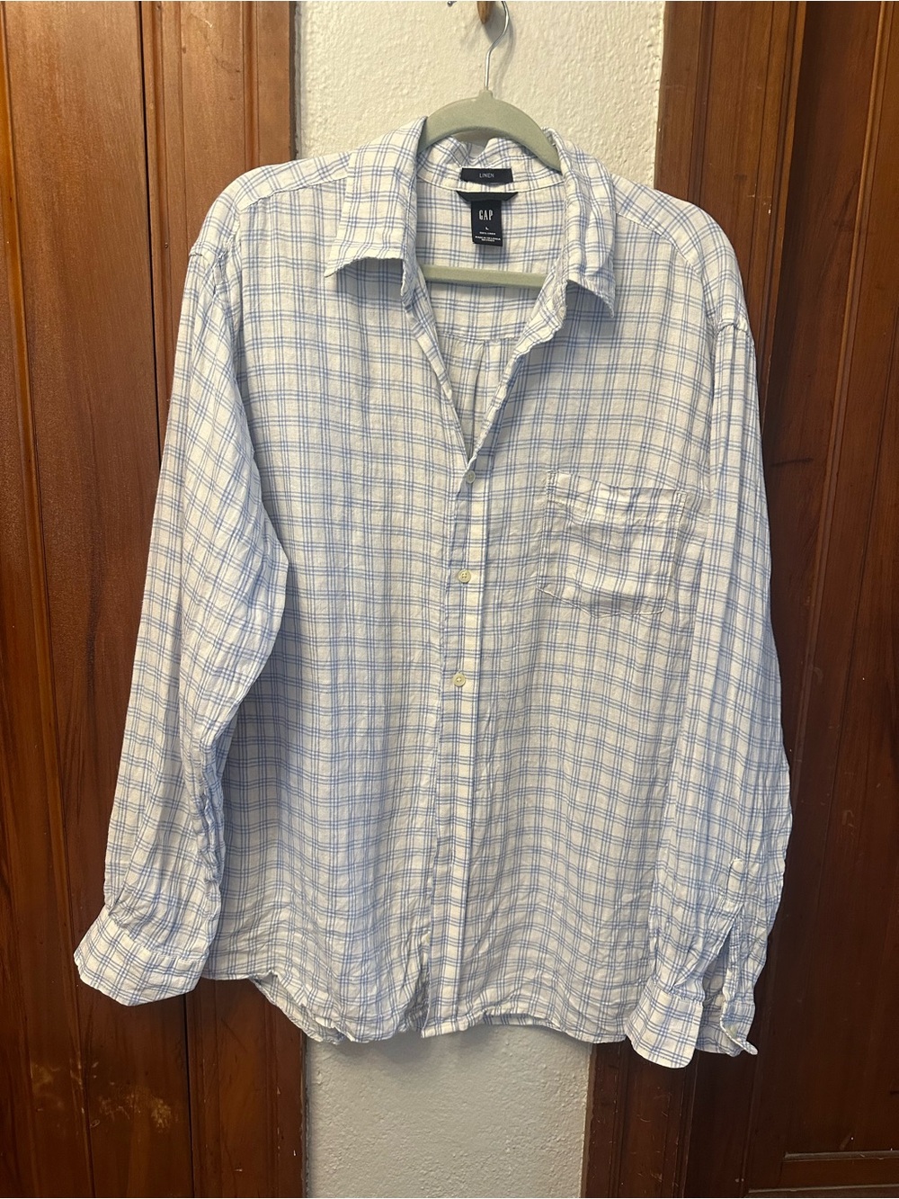 GAP Men's or Women’s White and Light Blue Plaid Button-Down Shirt 100% linen